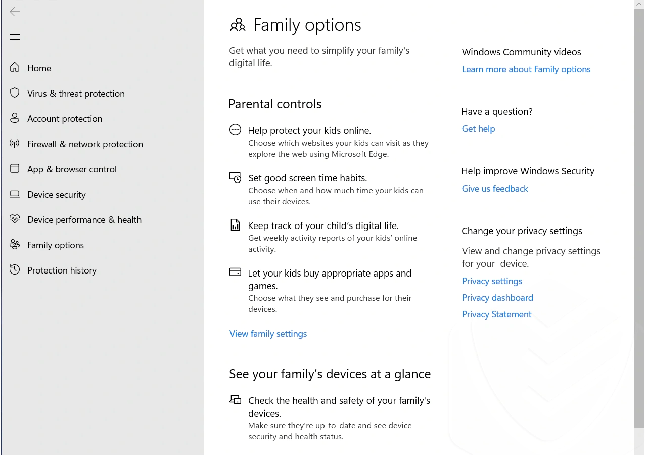 Child privacy settings on Windows