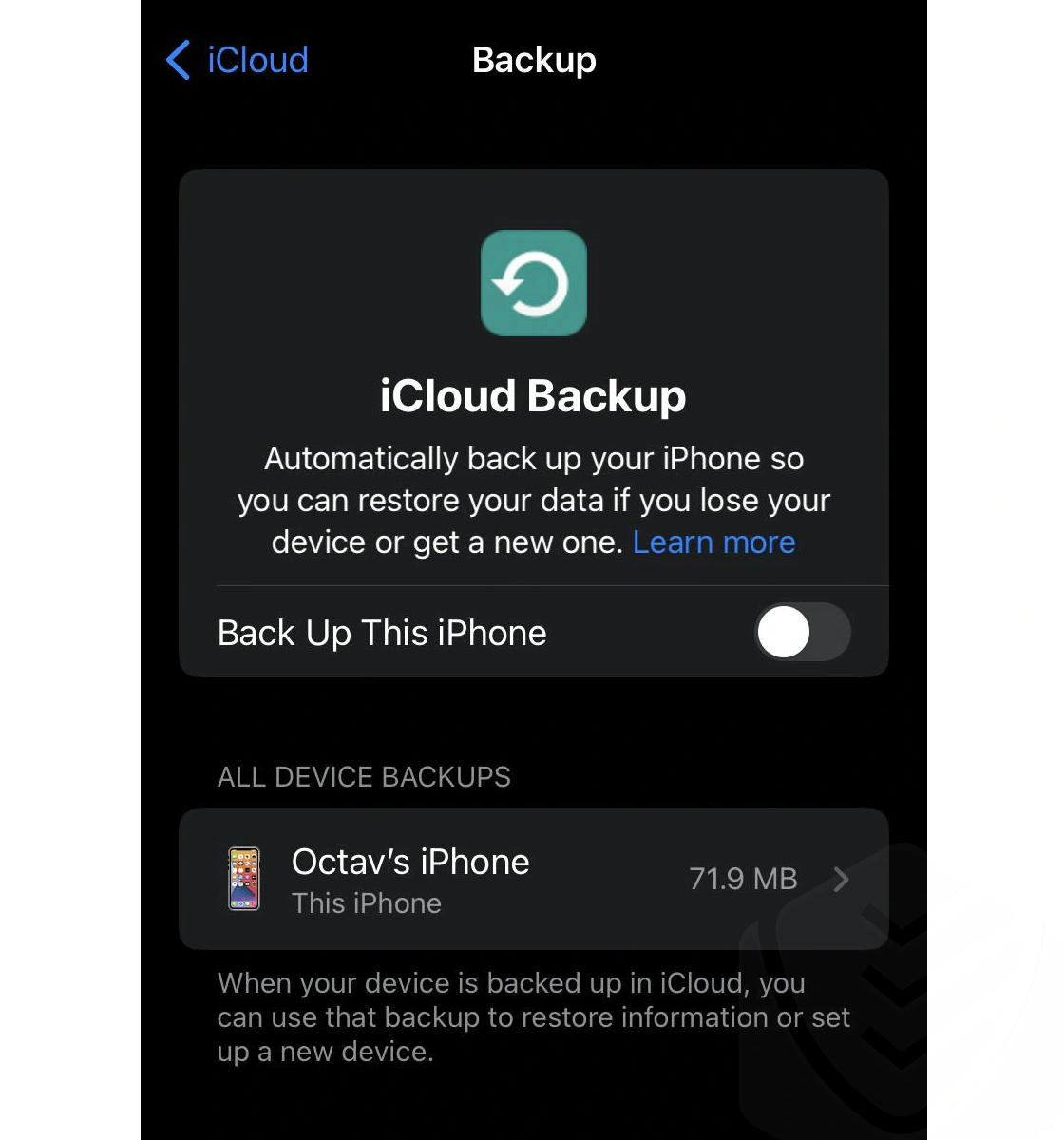 The menu for toggling iPhone backup