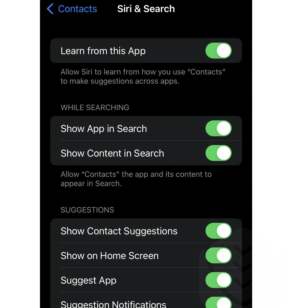 The options for configuring Siri