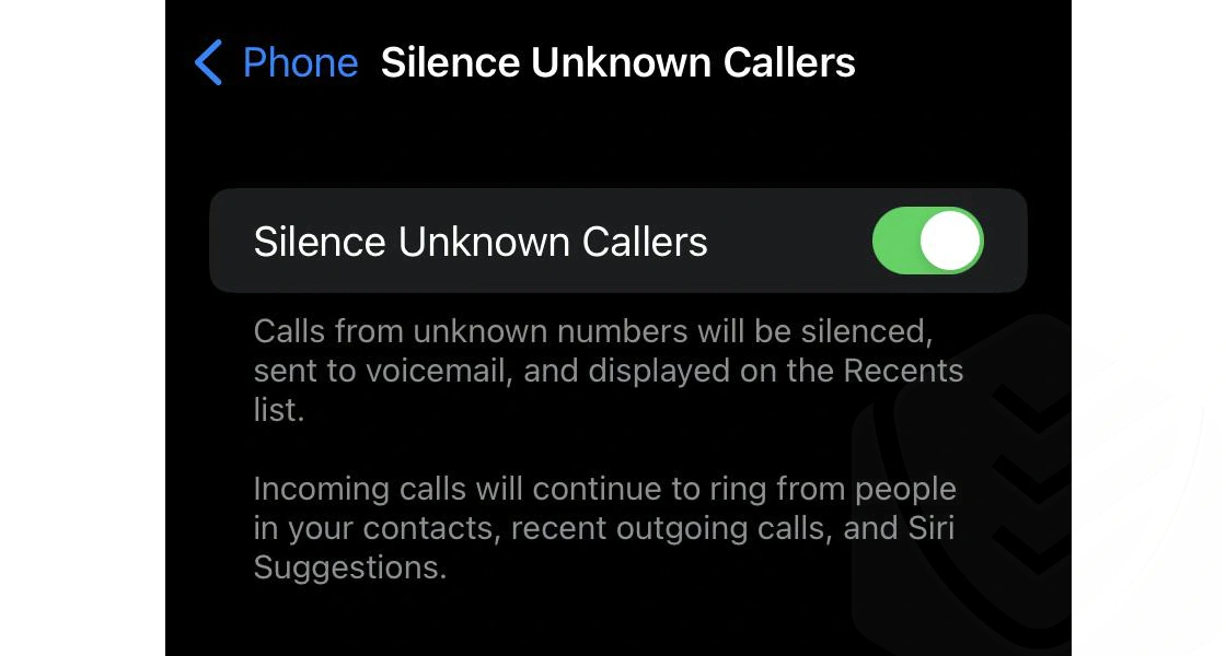 The slider for toggling Silence Unknown Callers