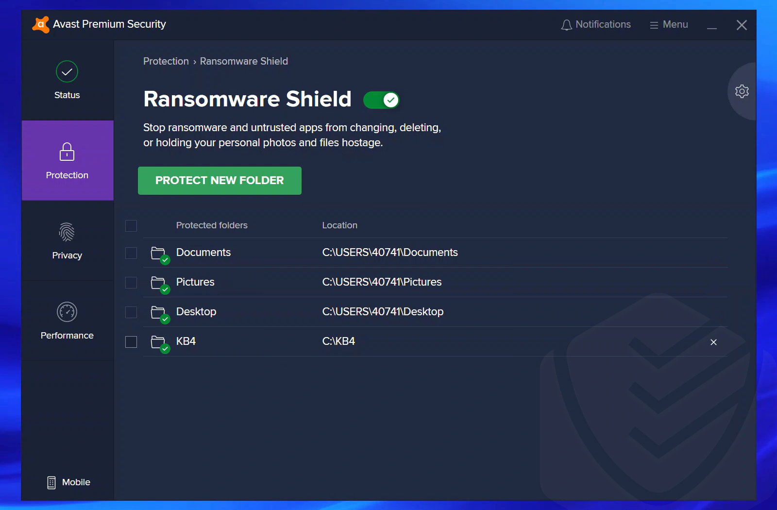 Avast Adding folders for the ransomware shield