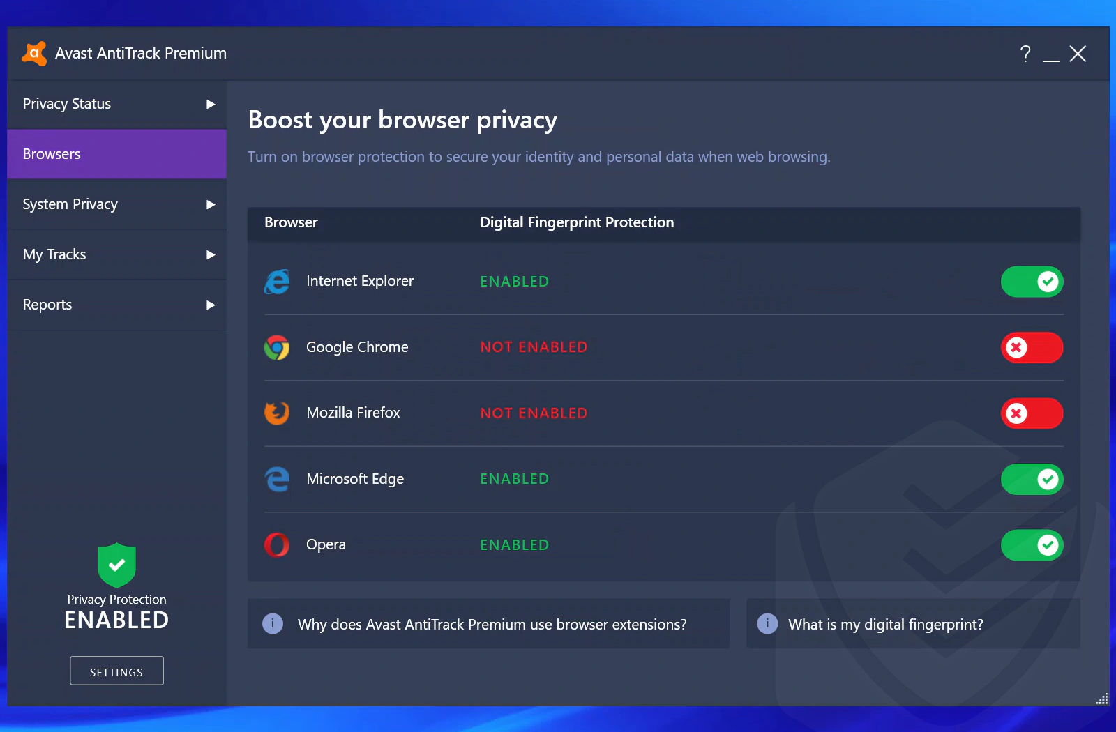 
Avast — Reforçar a privacidade dos navegadores