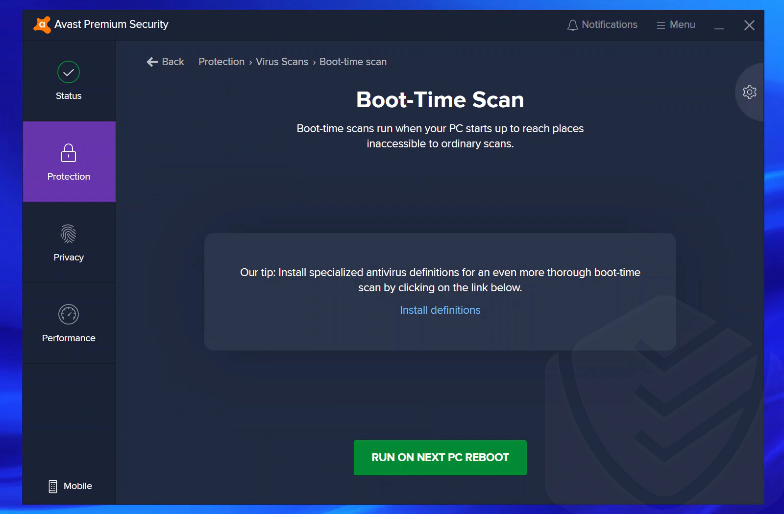 Avast Boot time scan window