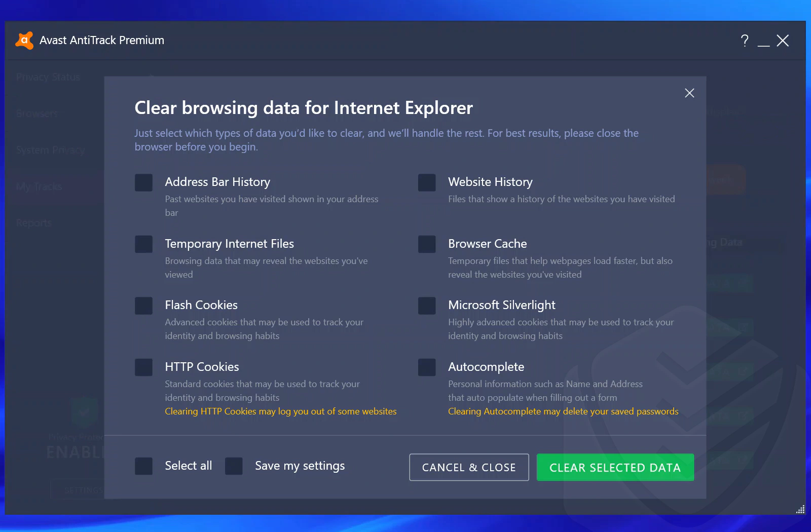 
Avast — Limpar os dados de navegação no Internet Explorer