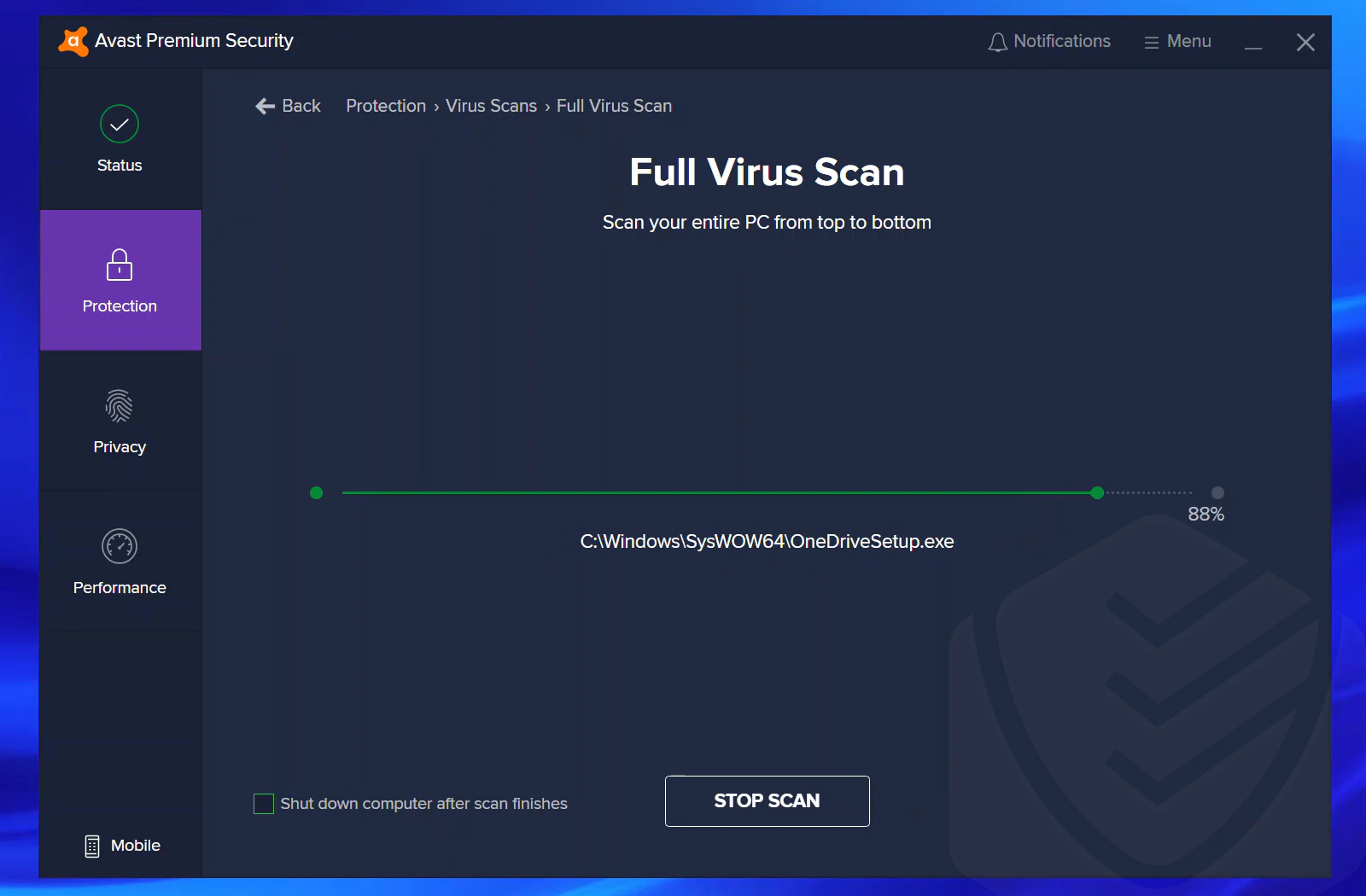 
Avanzamento scansione antivirus completa di Avast