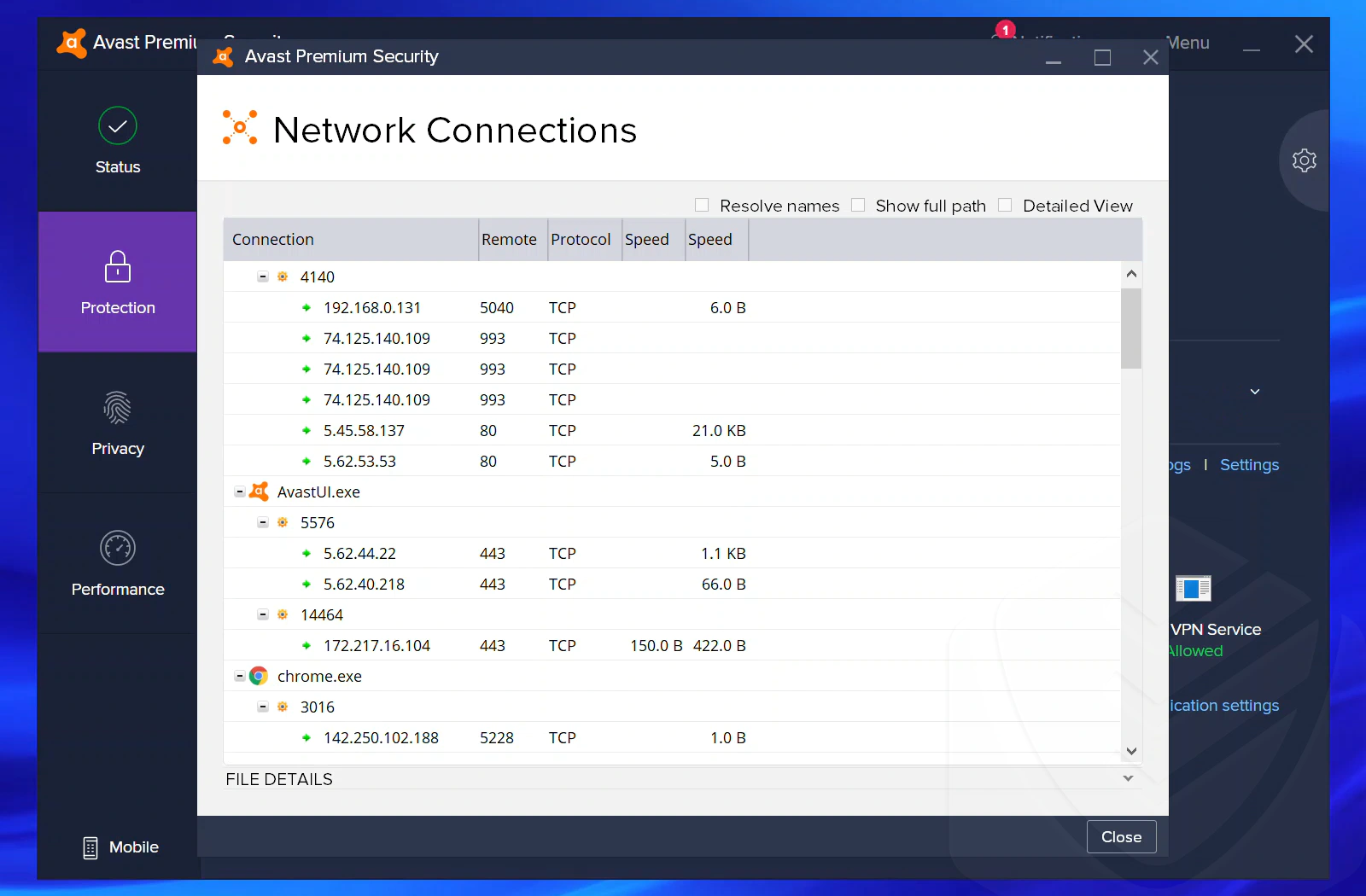 
Avast Network connections configuration