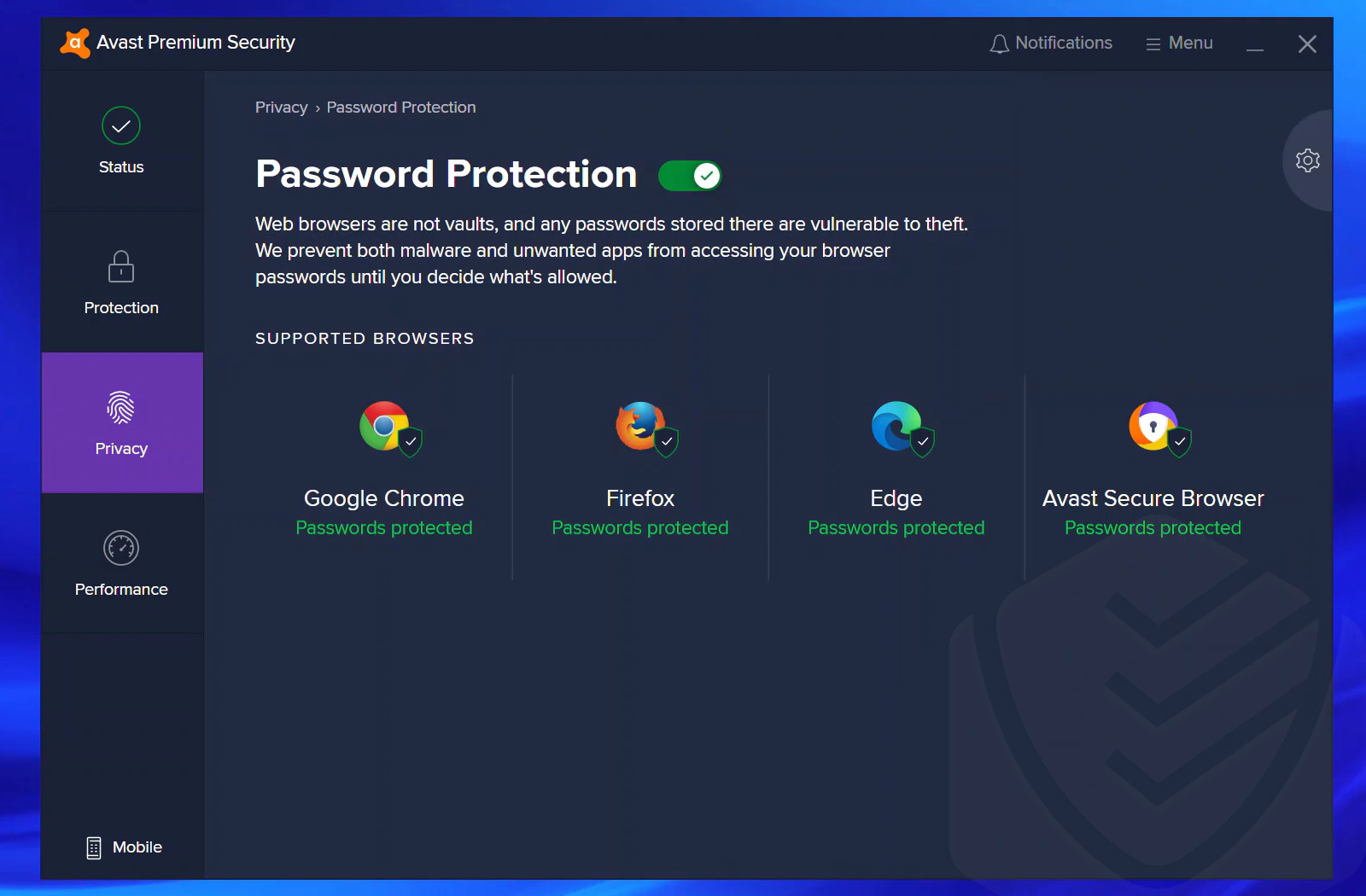 
Benutzeroberfläche des Avast-Passwortschutzes