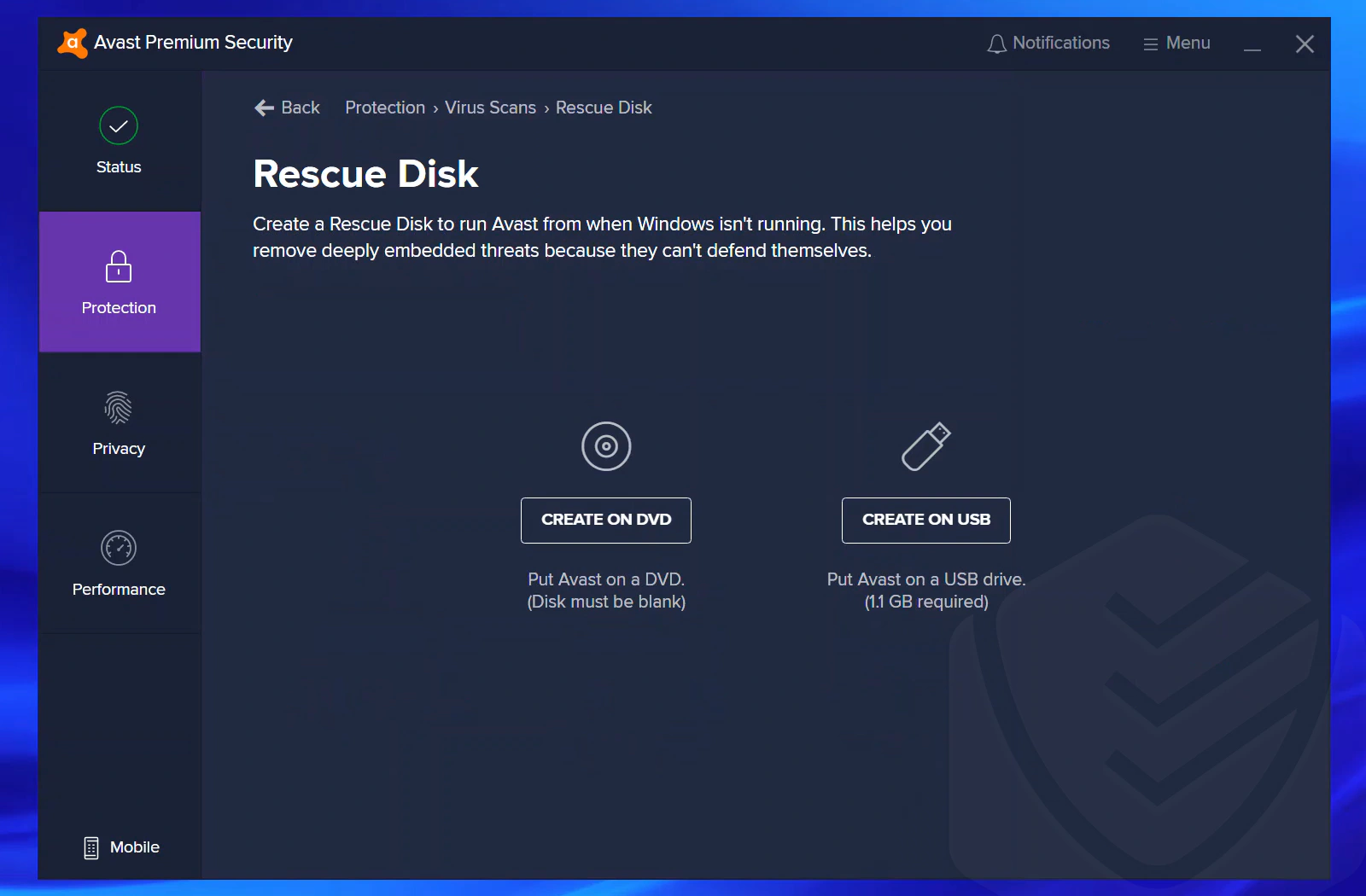 
Avast Rescue Disk interface