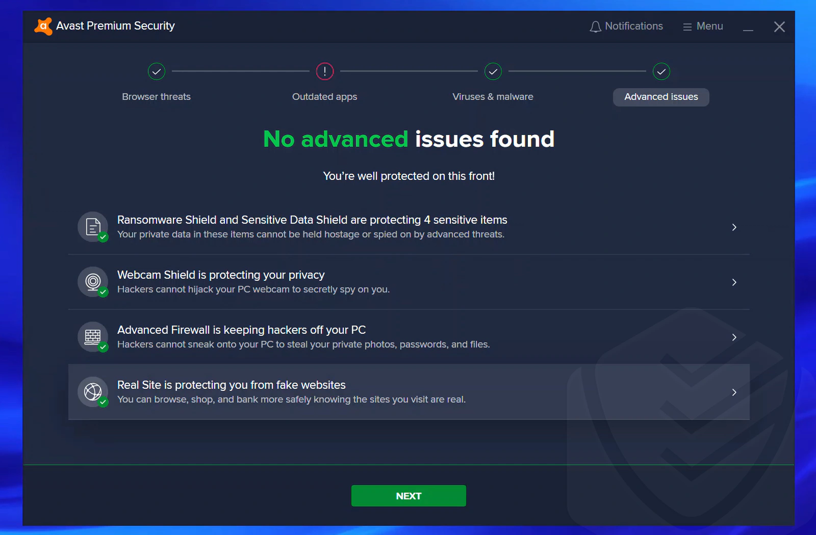 Avast Smart scan advanced issues results