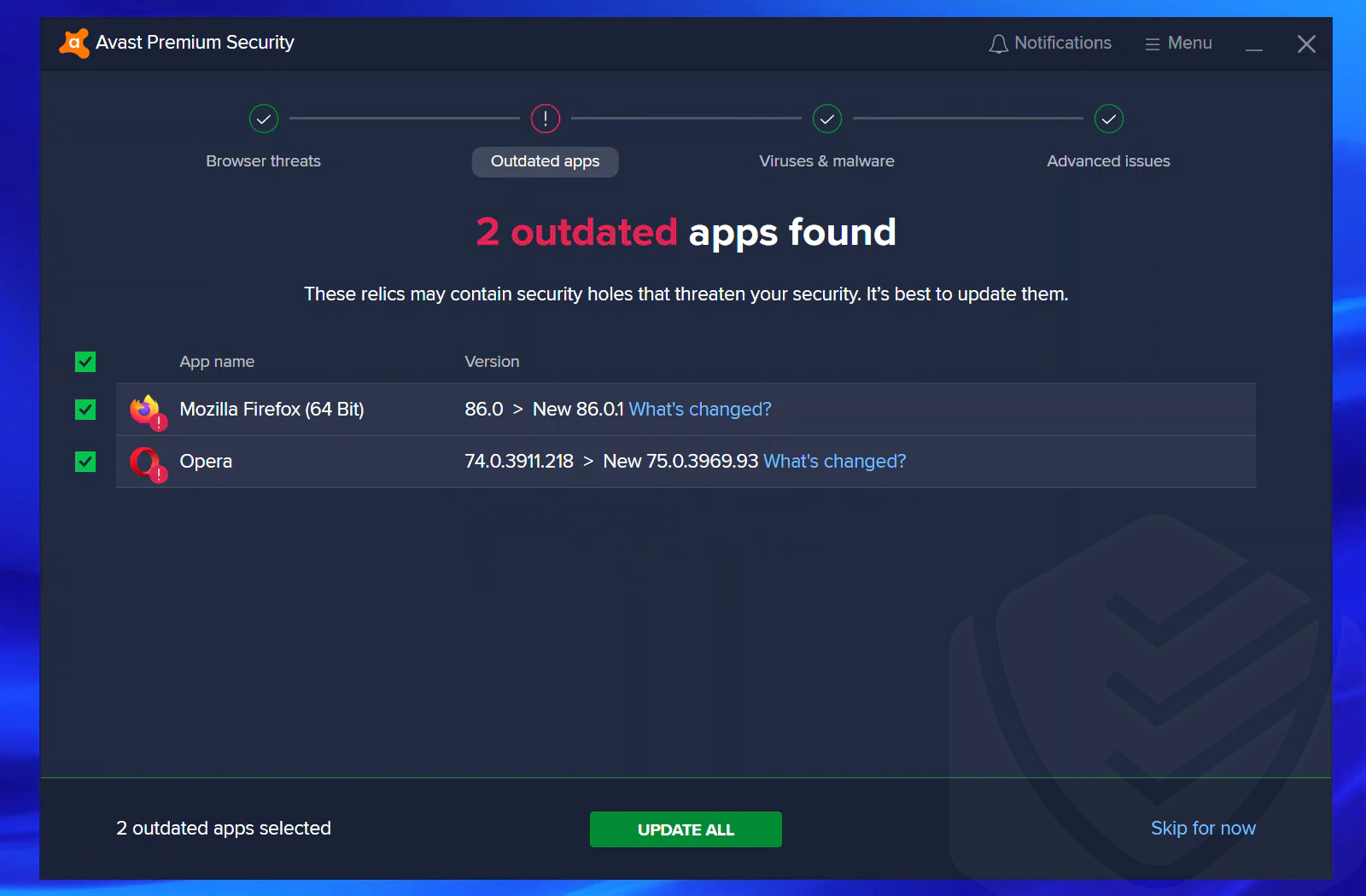 Avast Smart scan outdated apps result
