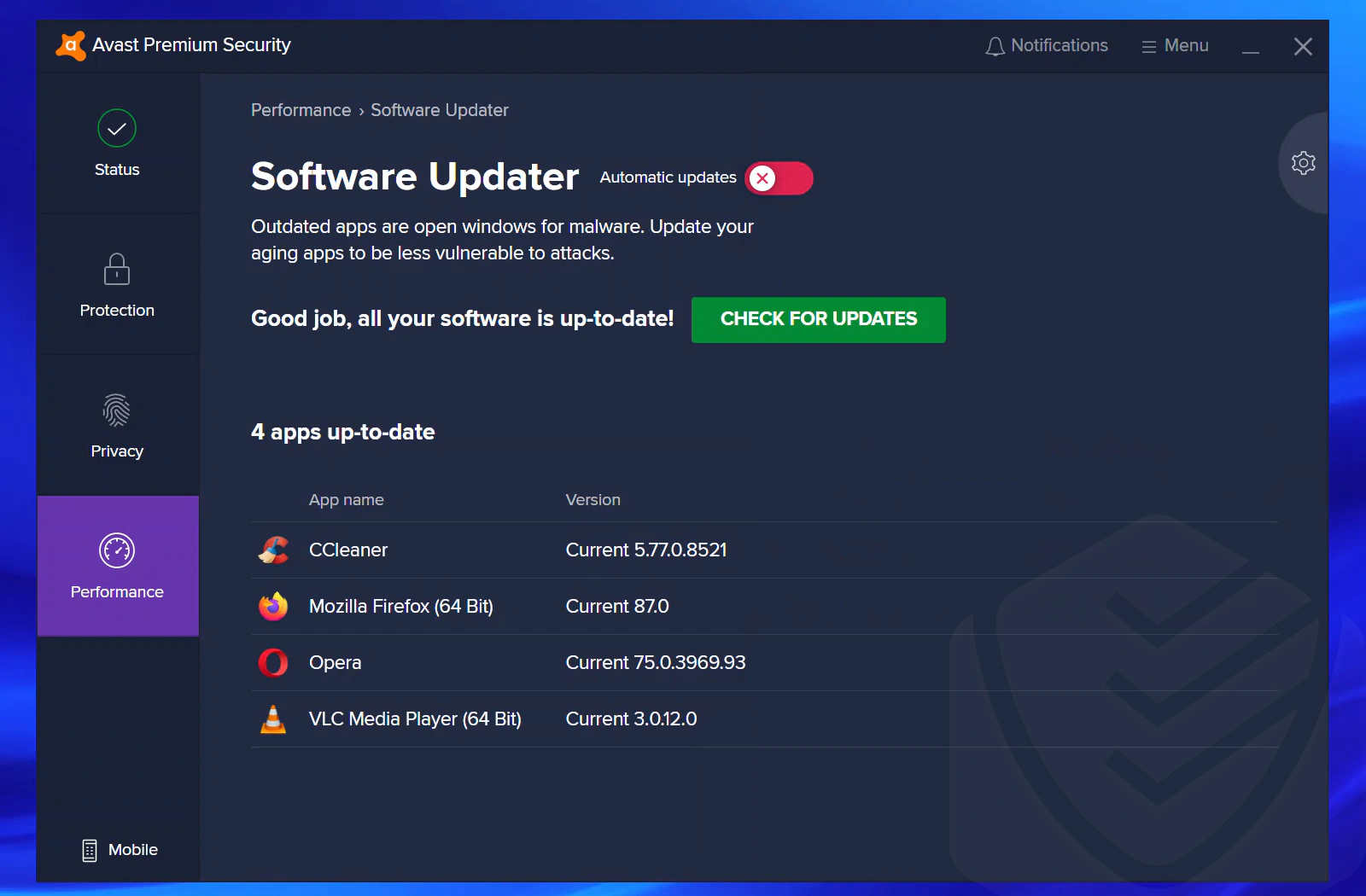 
Interfaz del actualizador de software de Avast
