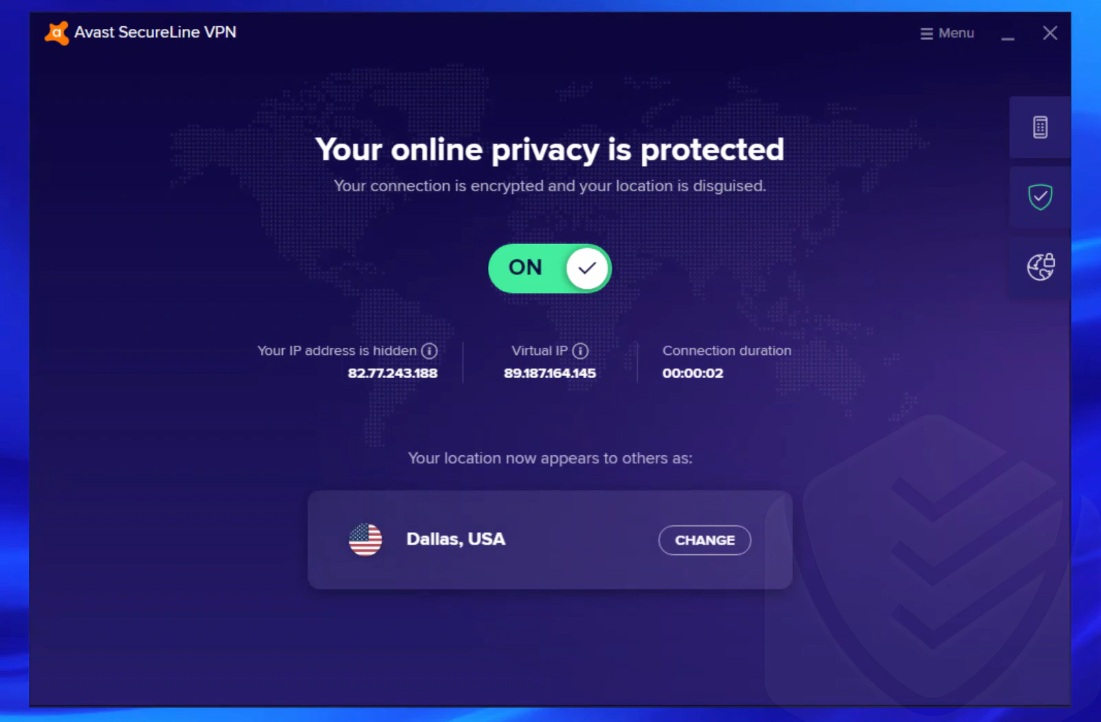 
Avast — Interface da VPN
