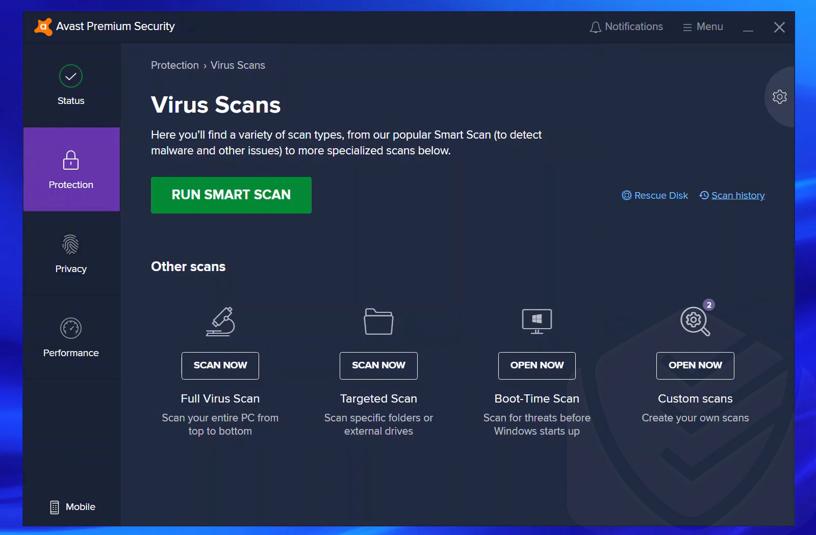 Avast Virus scan main window