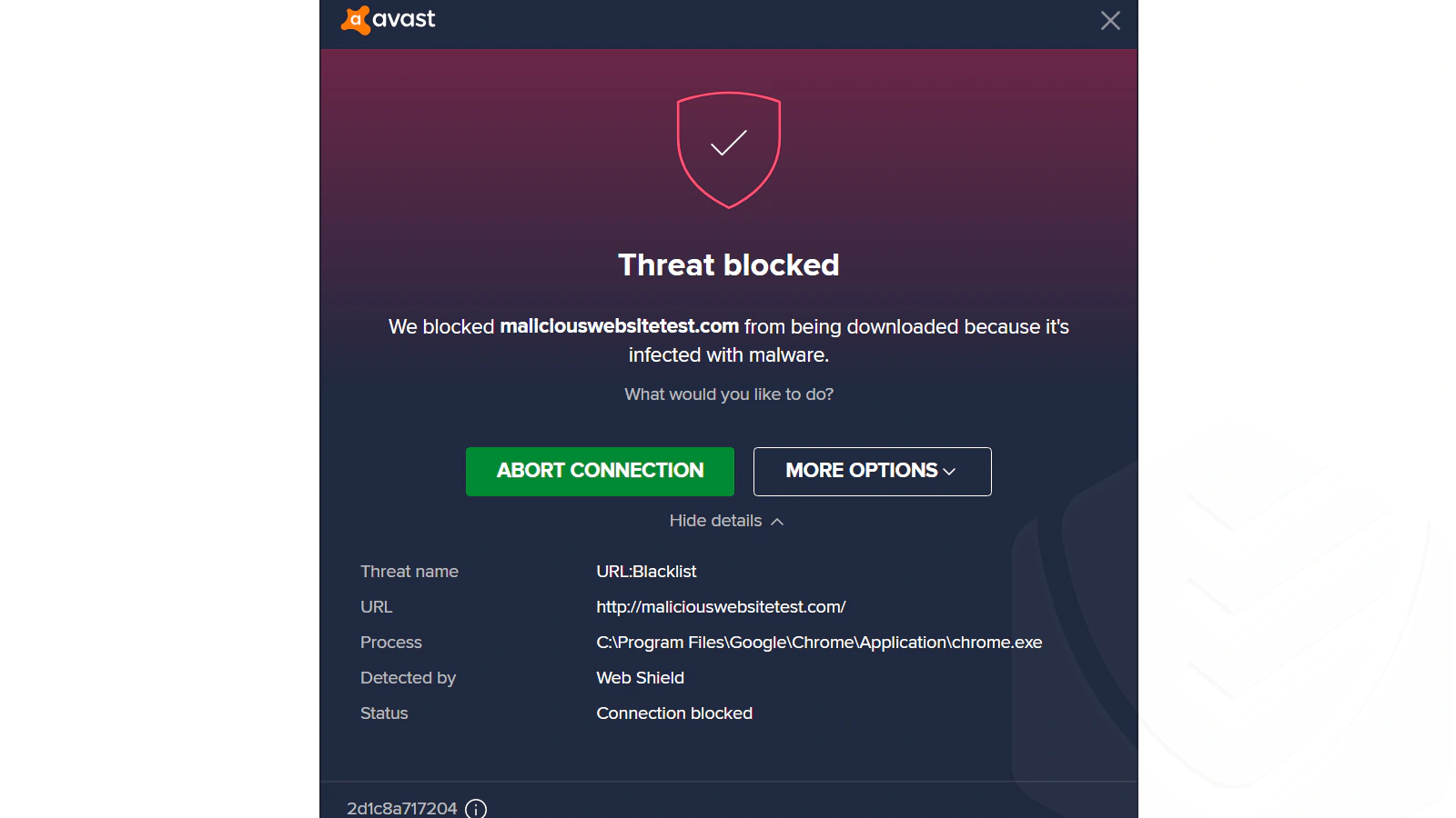 Avast blocked maliciouswebsitetest.com