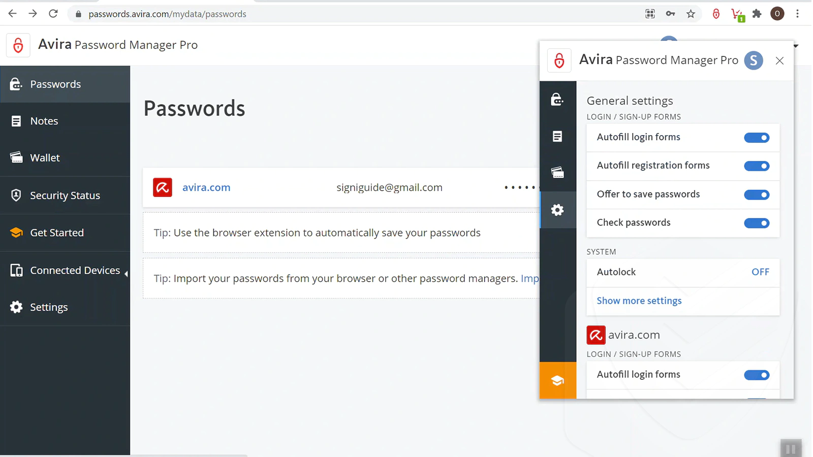 Avira Password manager dashboard