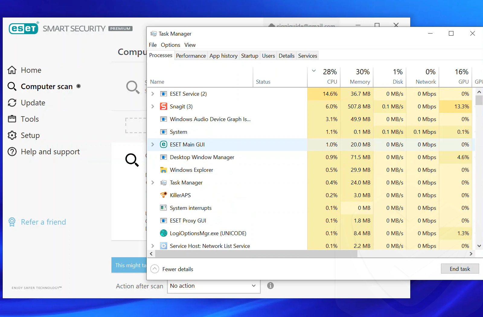 Task manager showing ESET’s resource consumption